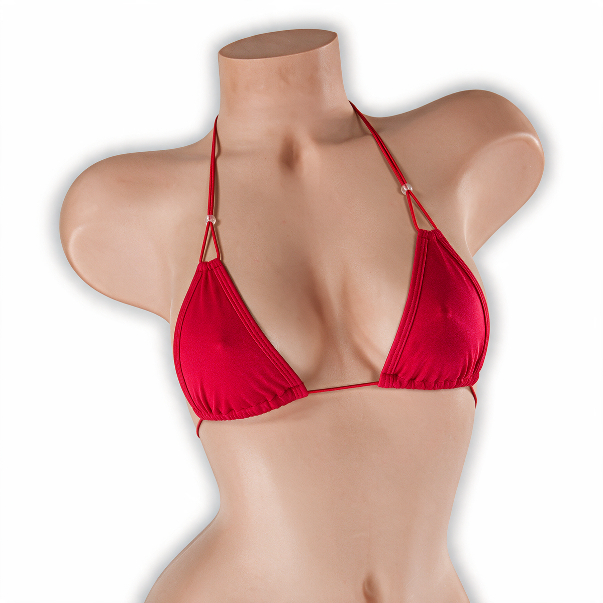Ruby red elastic strap beaded top with clear beads on mannequin, front view, Golddiggers Boutique