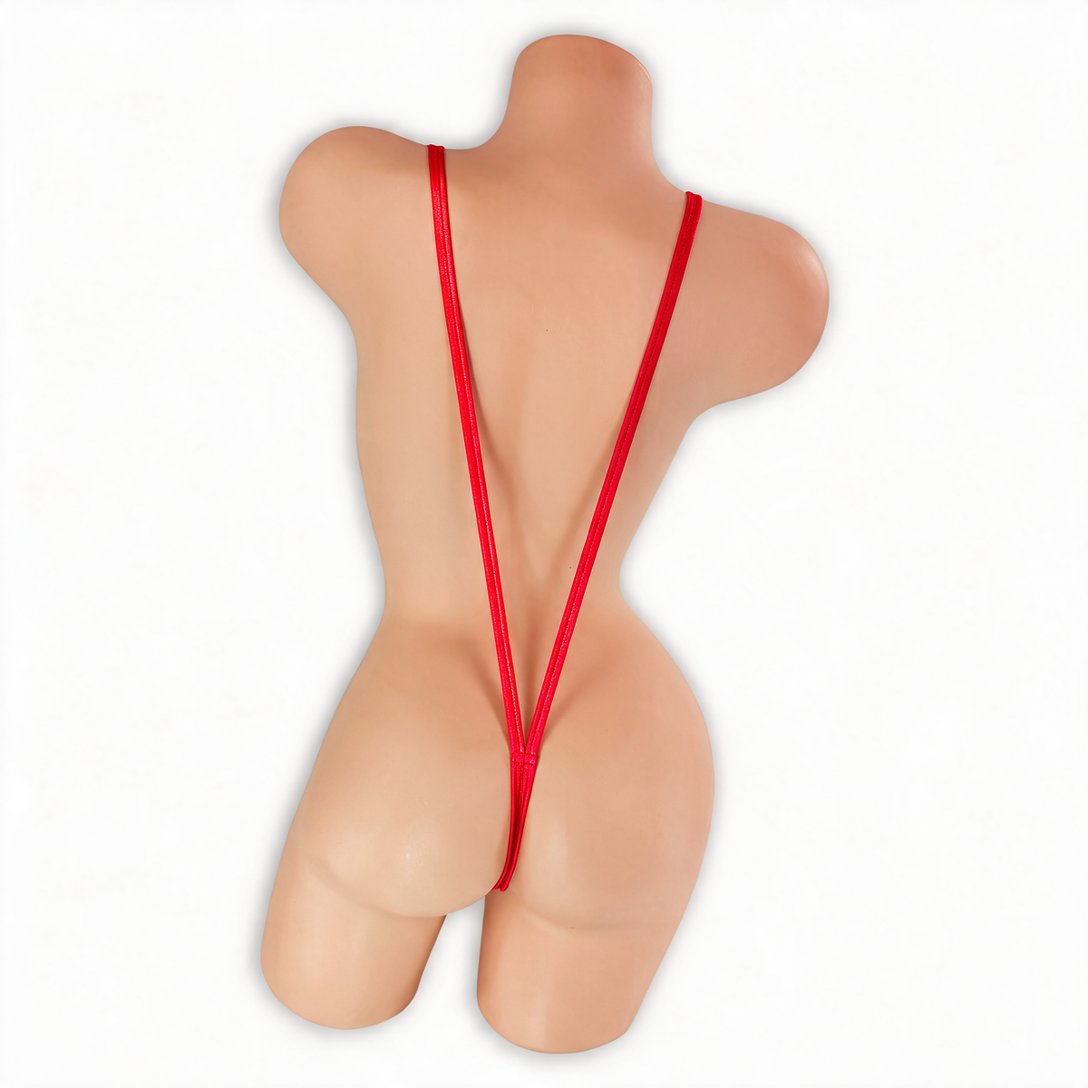 Ruby (Red) Elektra V Slingshot Bodysuit back view on mannequin, two thin straps into a G-string back