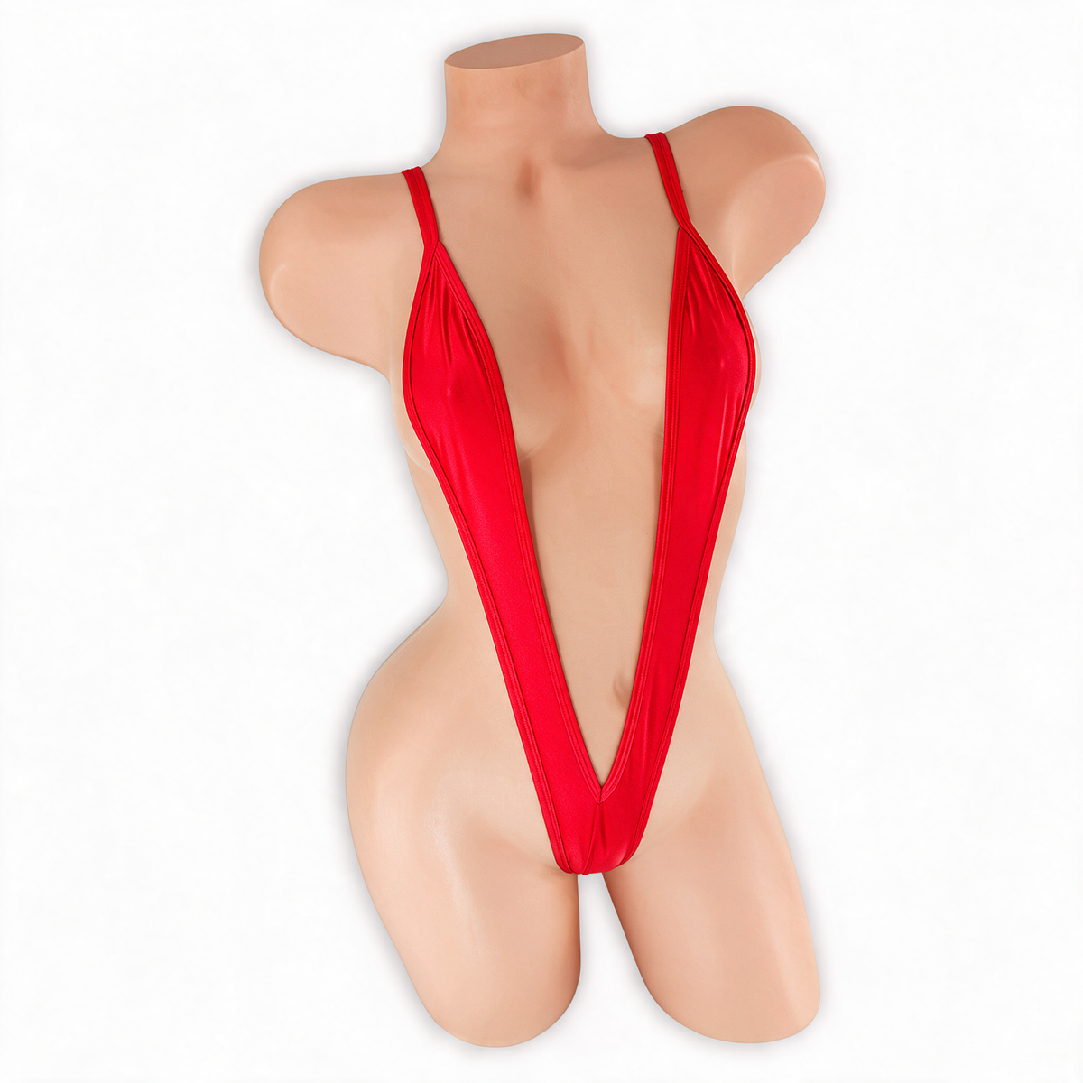 Ruby (Red) Elektra V Slingshot Bodysuit front view on mannequin, deep V straps over the chest