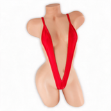 Ruby (Red) Elektra V Slingshot Bodysuit front view on mannequin, deep V straps over the chest