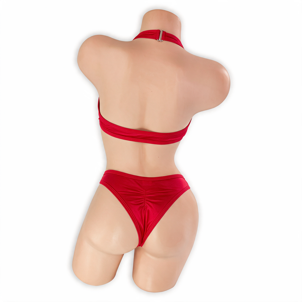 Ruby red Esmeralda asymmetrical O-ring halter bodysuit, back, Golddiggers Boutique