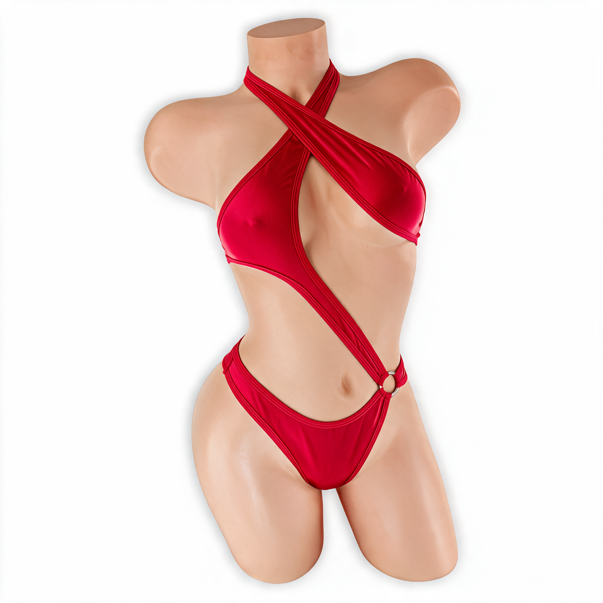 Ruby red Esmeralda asymmetrical O-ring halter bodysuit, front, Golddiggers Boutique