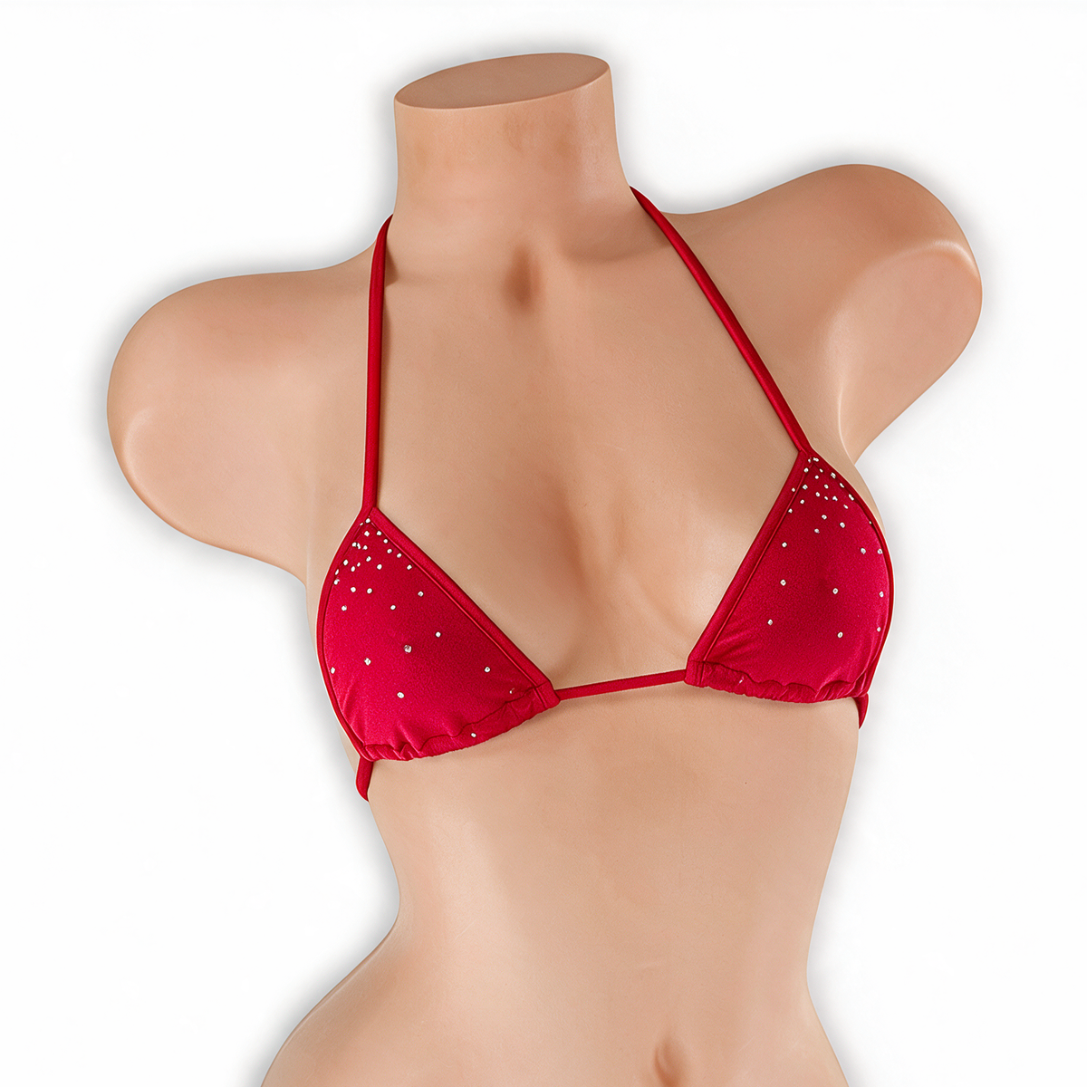 Ruby red fairy dust mini tri top with tiny silver rhinestones on mannequin, front view, Golddiggers Boutique
