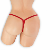 Ruby red fairy dust v-front g-string on mannequin, back view, Golddiggers Boutique