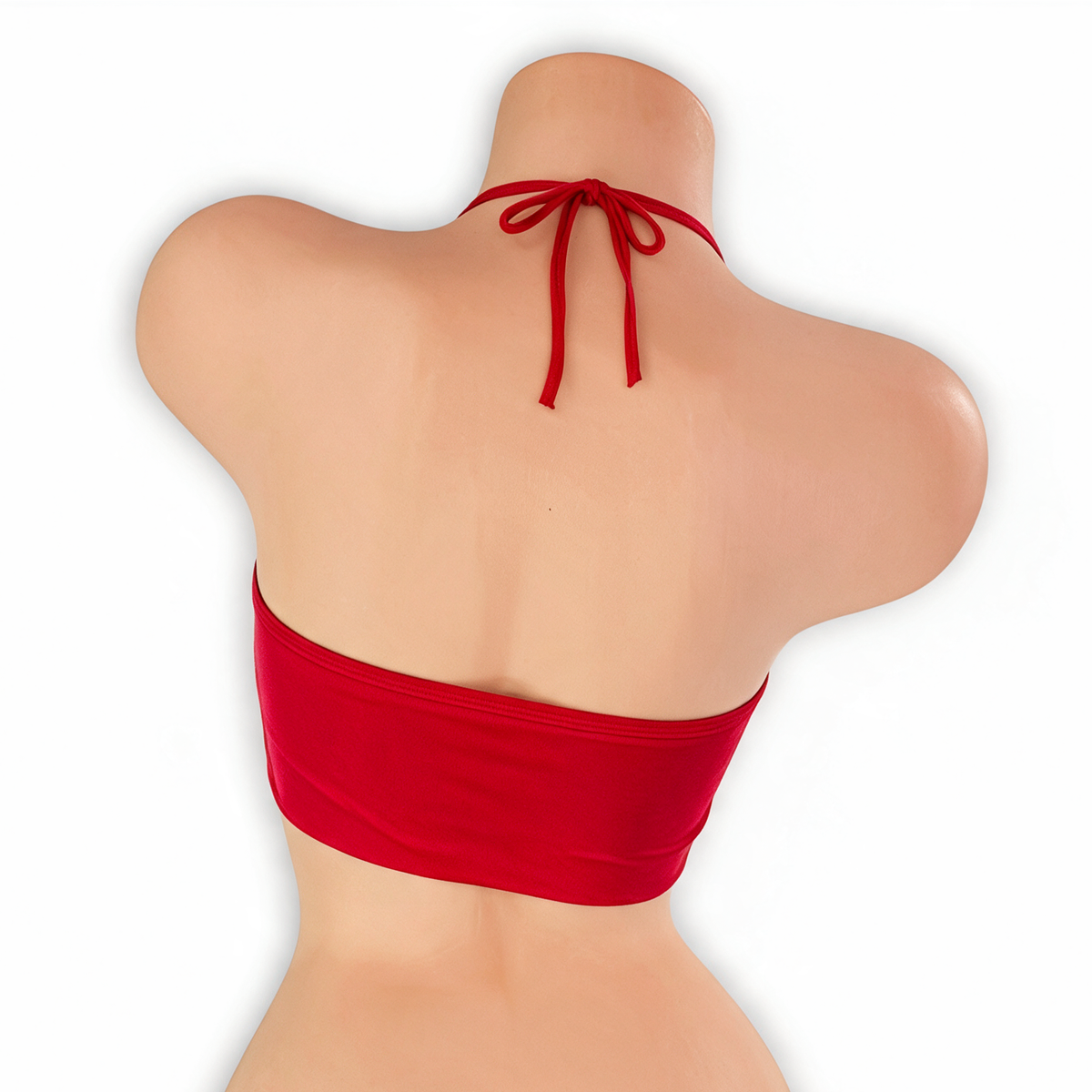 Ruby red flowy o-ring top on mannequin, back view, Golddiggers Boutique