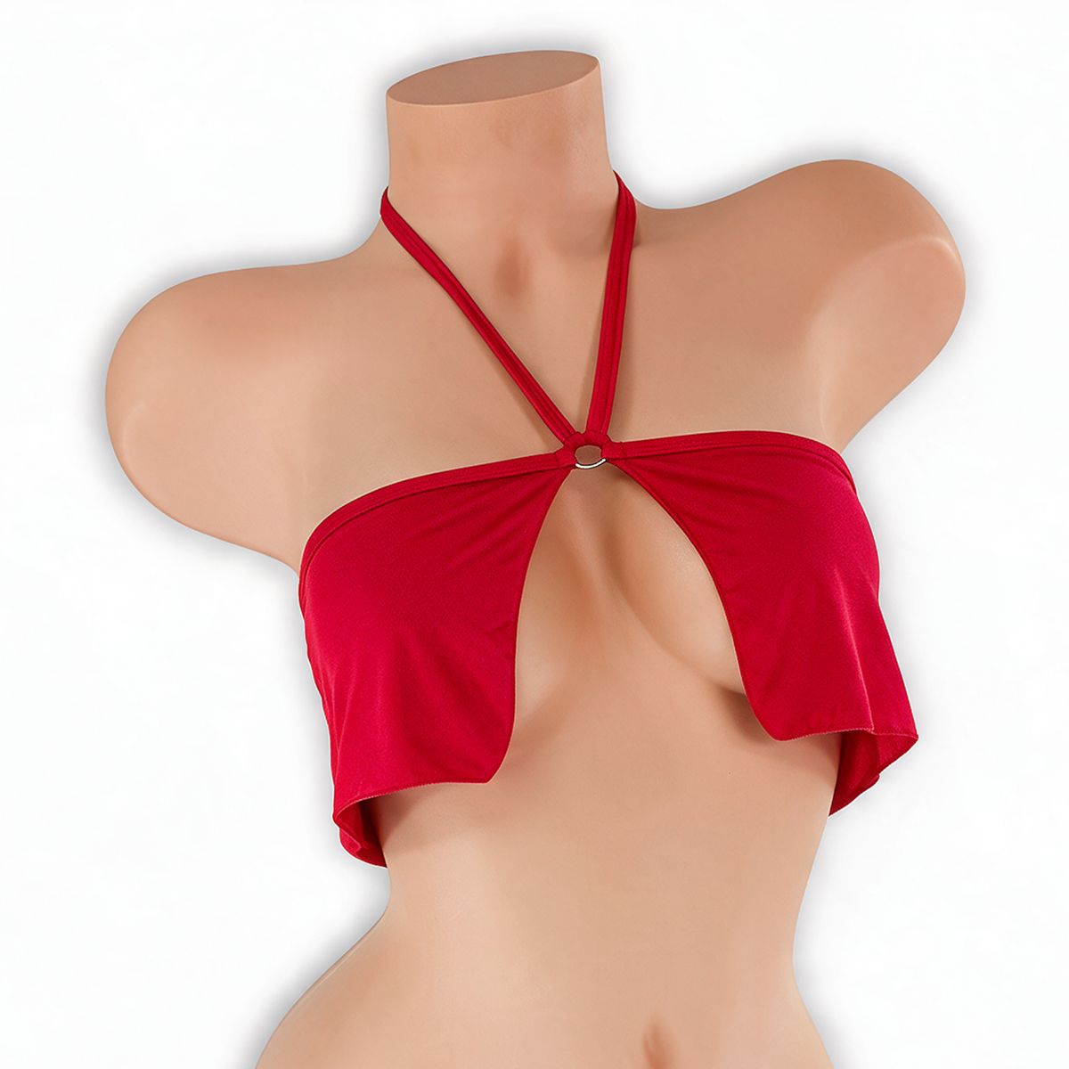 Ruby red flowy o-ring top on mannequin, front view, Golddiggers Boutique