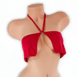 Ruby red flowy o-ring top on mannequin, front view, Golddiggers Boutique