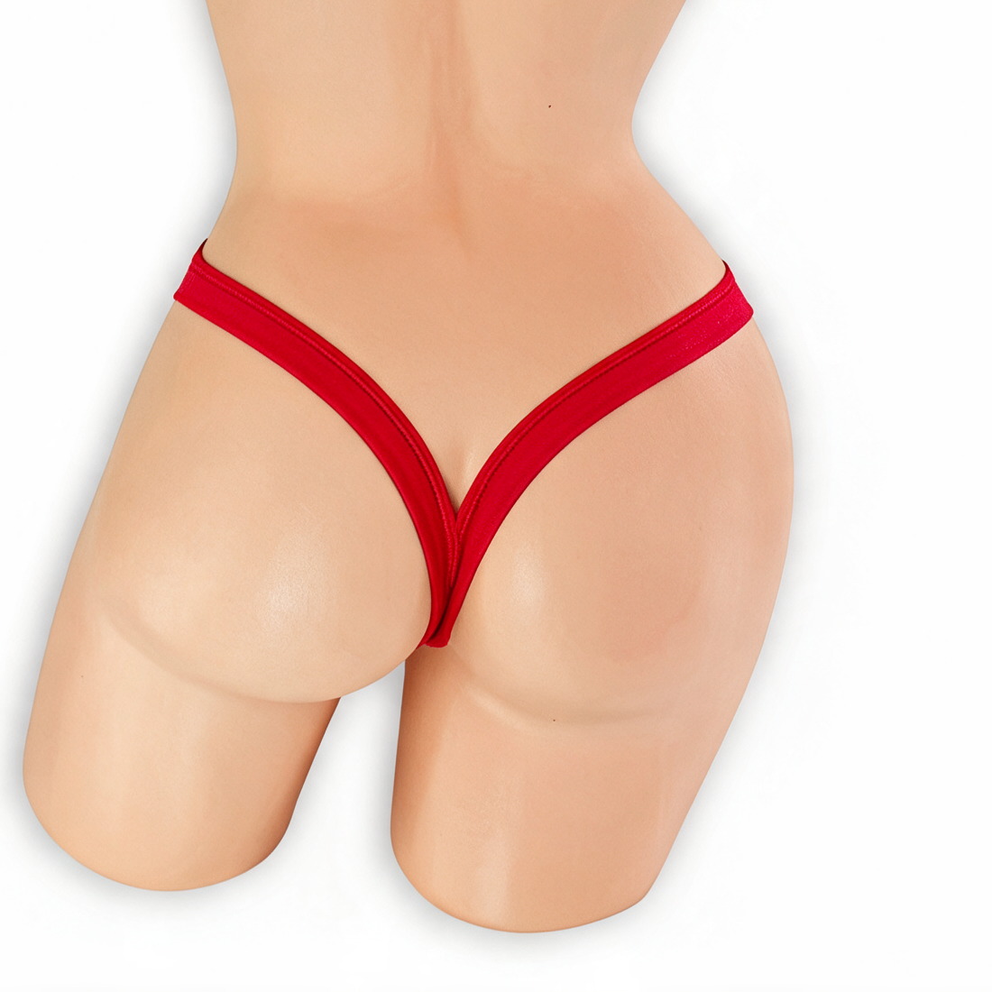 Ruby red heart v-back thong on mannequin, back view, Golddiggers Boutique