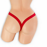 Ruby red heart v-back thong on mannequin, back view, Golddiggers Boutique