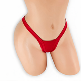 Ruby red heart v-back thong on mannequin, front view, Golddiggers Boutique