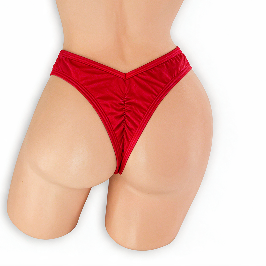 Ruby red high waisted scrunch v-back thong on mannequin, back view, Golddiggers Boutique