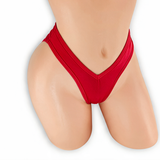 Ruby red high waisted scrunch v-back thong on mannequin, front view, Golddiggers Boutique