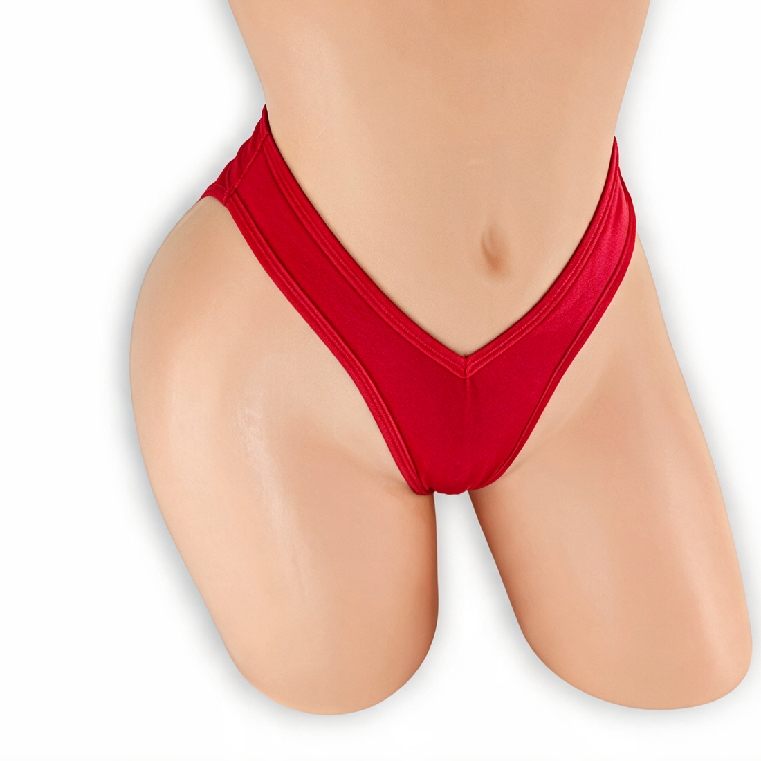 Ruby red high waisted scrunch v-back thong on mannequin, front view, Golddiggers Boutique