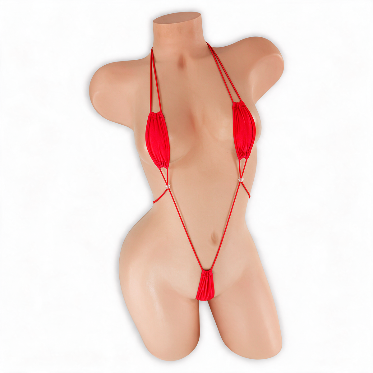 Ruby (Red) Kali Teeny Weeny Slingshot Bodysuit front view on mannequin, tiny scrunched cups and micro pouch