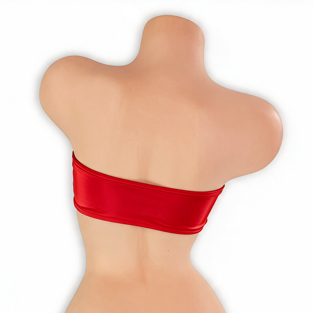 Ruby red ladder cutout bandeau top on mannequin, back view, Golddiggers Boutique