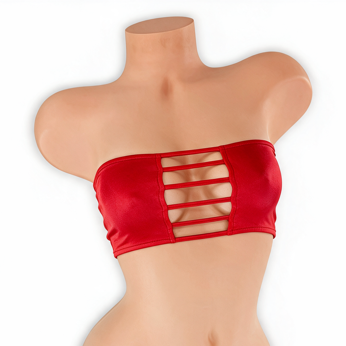 Ruby red ladder cutout bandeau top on mannequin, front view, Golddiggers Boutique