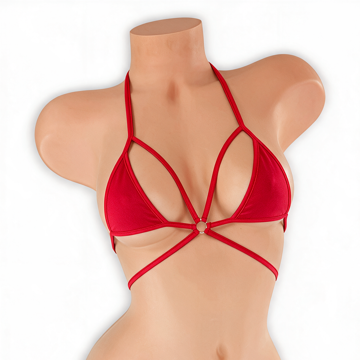 Ruby red micro strappy tri top with O-ring on mannequin, front view, Golddiggers Boutique