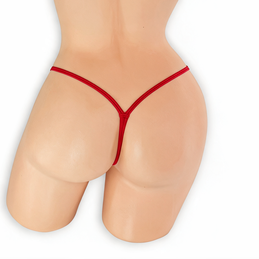 Ruby red mini v-back thong on mannequin, back view, Golddiggers Boutique