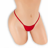 Ruby red mini v-back thong on mannequin, front view, Golddiggers Boutique