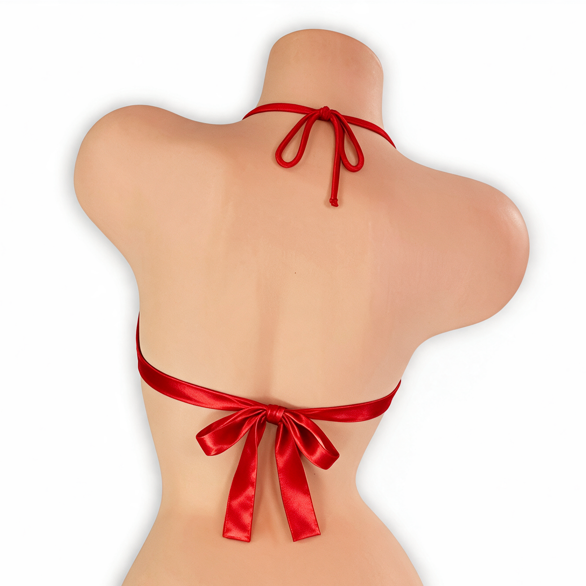 Ruby red open front o-ring top on mannequin, back view, Golddiggers Boutique