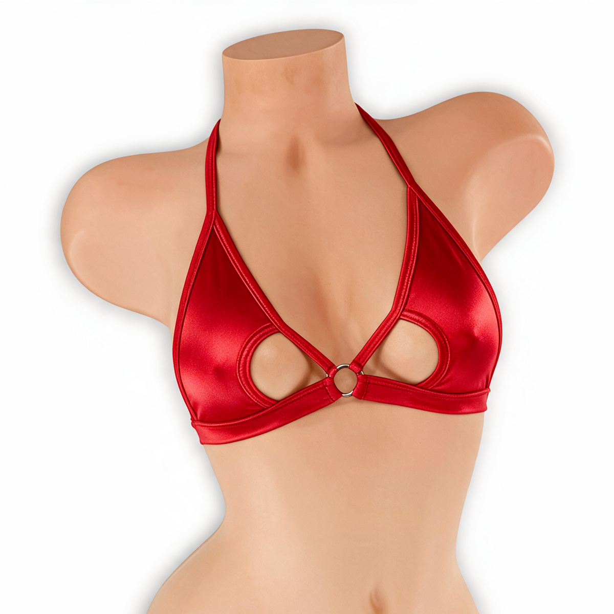 Ruby red open front o-ring top on mannequin, front view, Golddiggers Boutique
