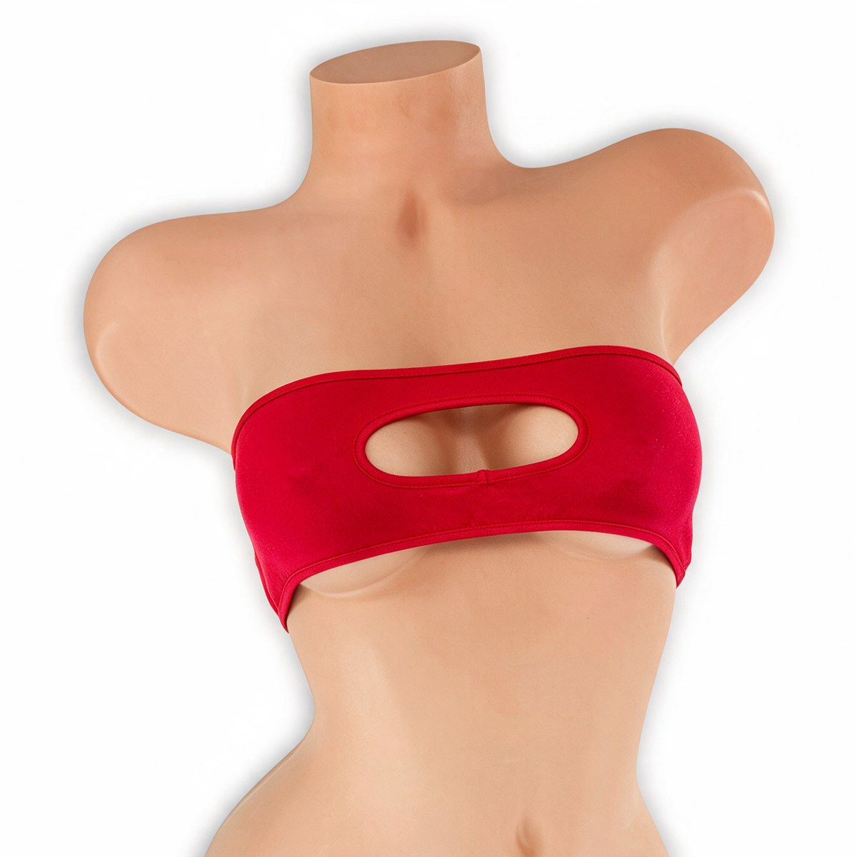 Ruby red peekaboo bandeau top with keyhole on mannequin, front view, Golddiggers Boutique