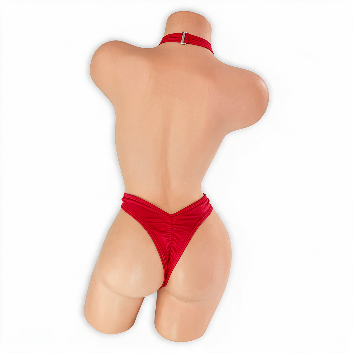 Ruby red Savannah criss cross halter thong bodysuit, back, Golddiggers Boutique