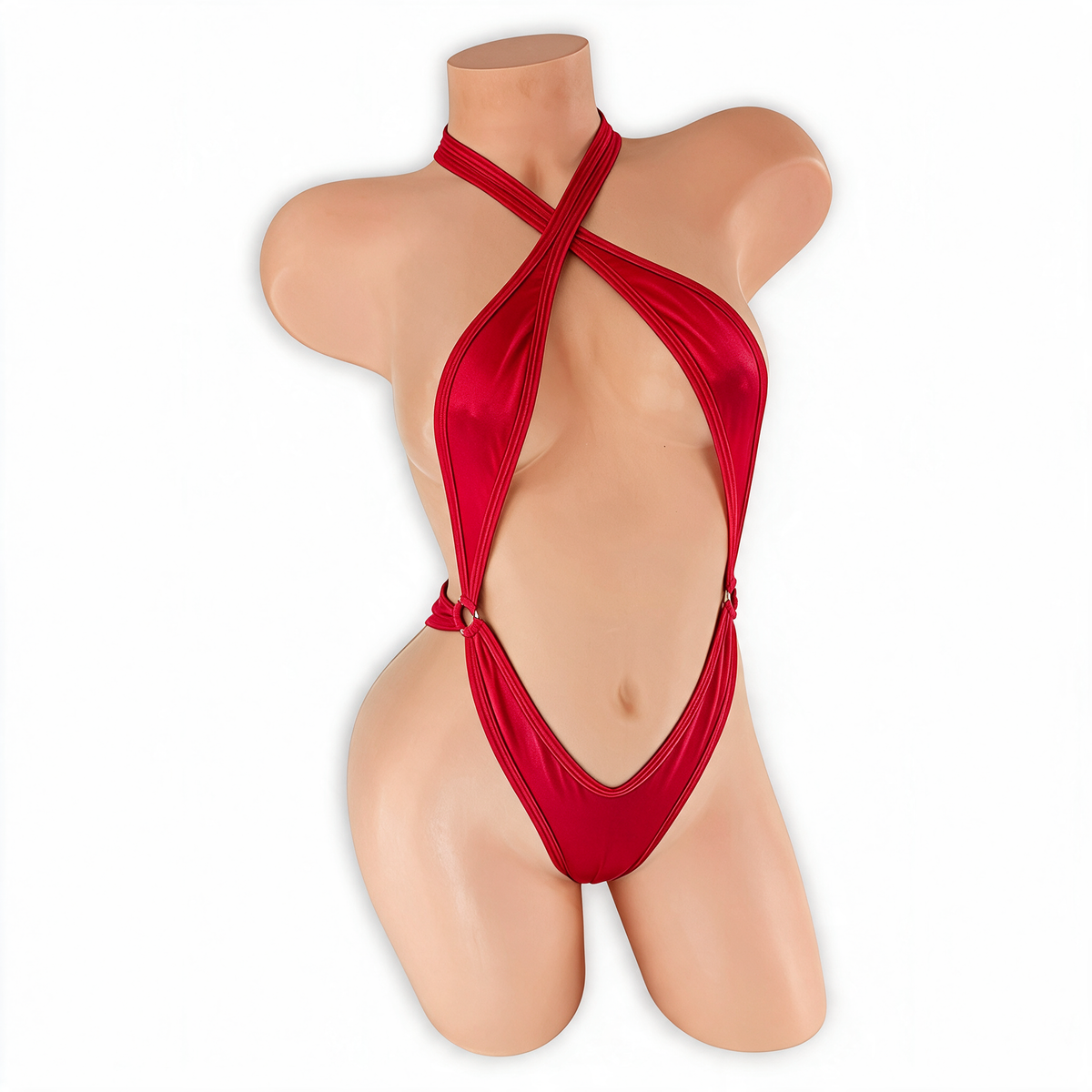 Ruby red Savannah criss cross halter thong bodysuit, front, Golddiggers Boutique