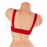 Ruby red sleek underboob top on mannequin, back view, Golddiggers Boutique
