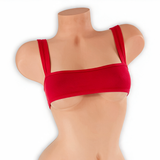 Ruby red sleek underboob top on mannequin, front view, Golddiggers Boutique
