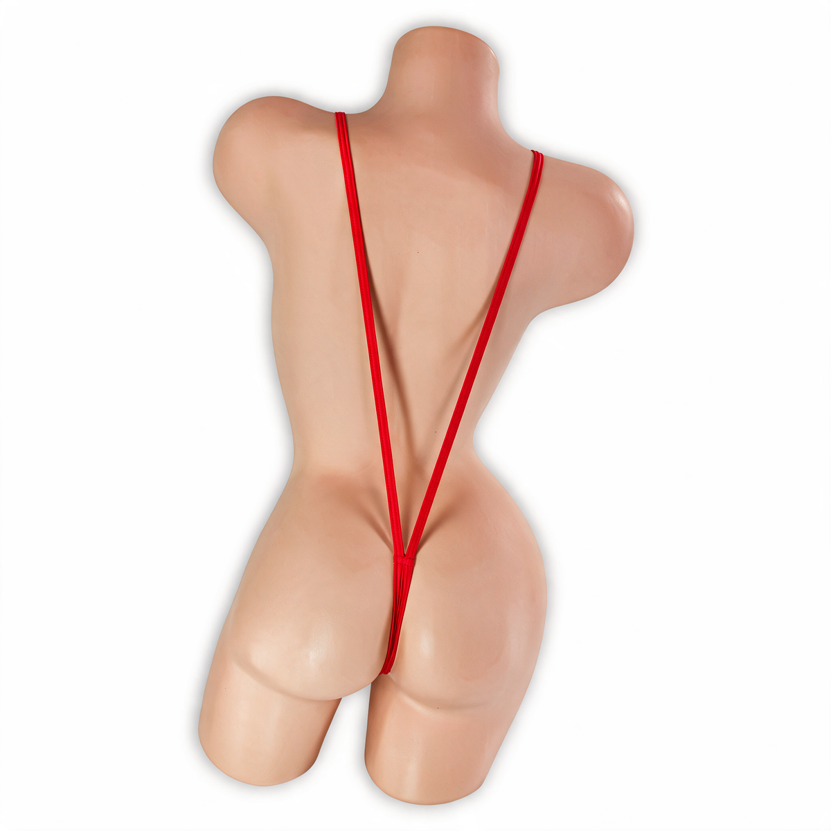 Ruby red suspender slingshot thong on mannequin, back view, Golddiggers Boutique