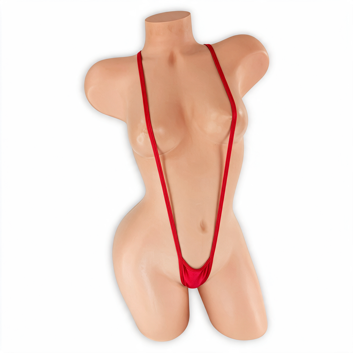 Ruby red suspender slingshot thong on mannequin, front view, Golddiggers Boutique