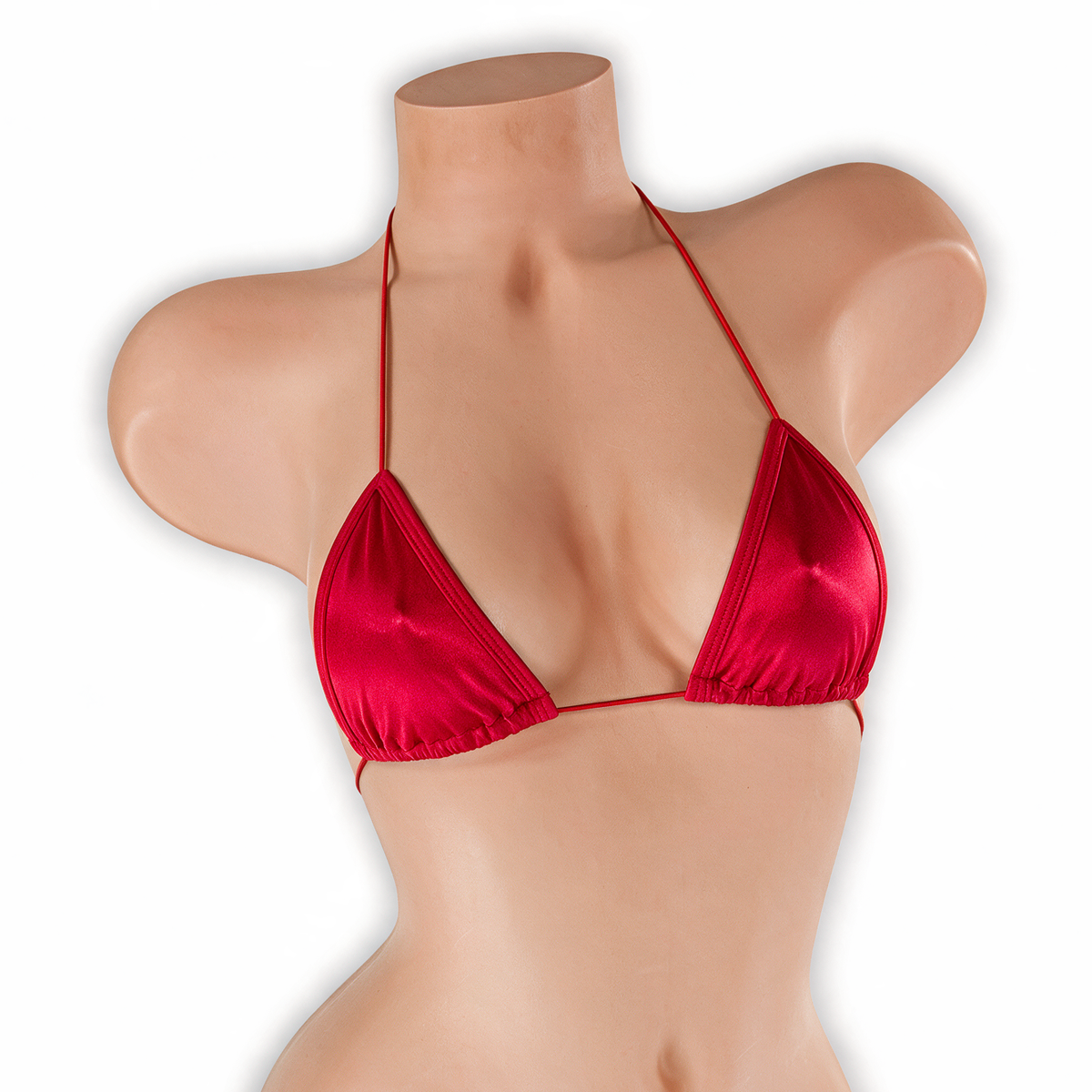 Ruby red elastic string tri top on mannequin, front view, Golddiggers Boutique