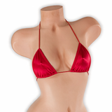 Ruby red elastic string tri top on mannequin, front view, Golddiggers Boutique