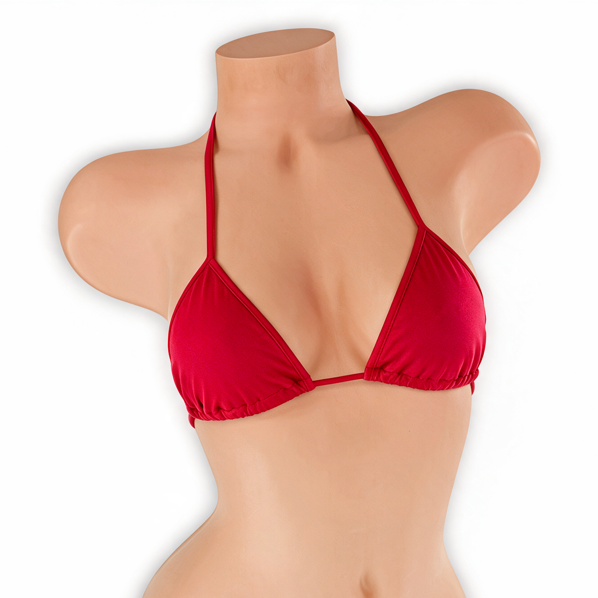 Ruby red tri top on mannequin, front view, Golddiggers Boutique