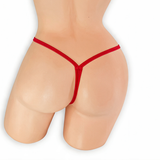 Ruby red wide strap low rise v-back thong on mannequin, back view, Golddiggers Boutique