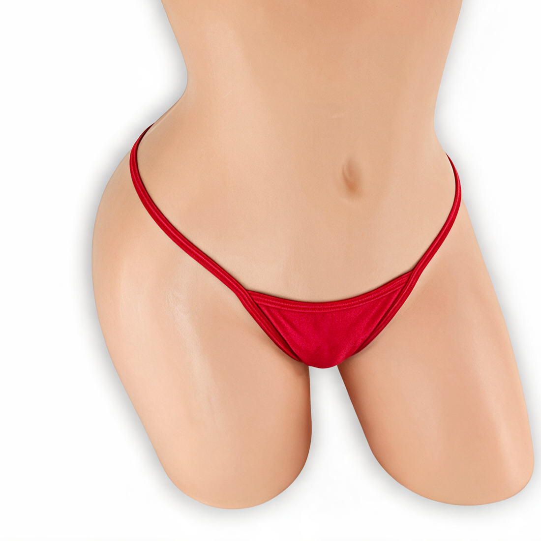Ruby red wide strap low rise v-back thong on mannequin, front view, Golddiggers Boutique