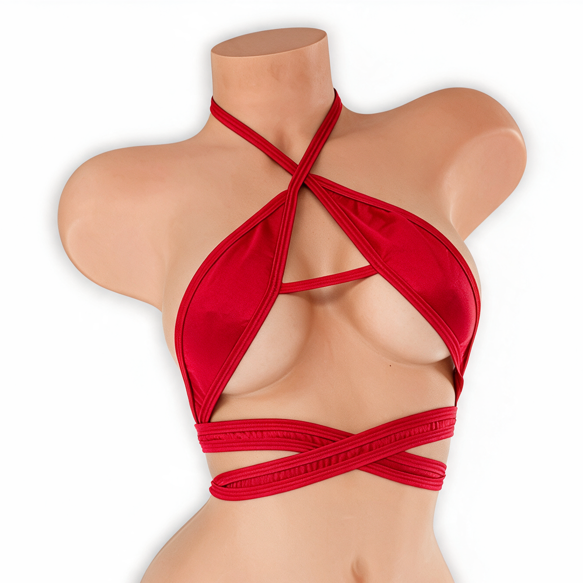 Ruby red wrap around strappy top on mannequin, front view, Golddiggers Boutique