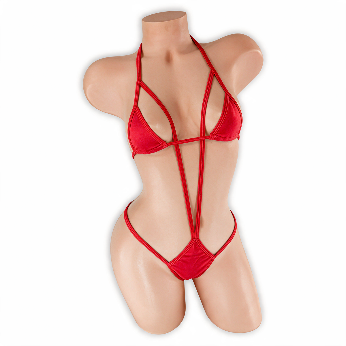 Ruby red Zaria micro triangle slingshot bodysuit, front, Golddiggers Boutique