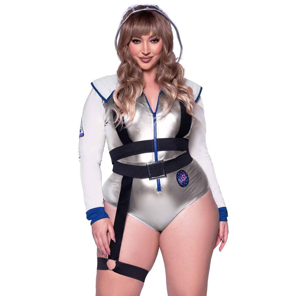 Front view of silver astronaut costume bodysuit in plus size - Golddiggers Boutique