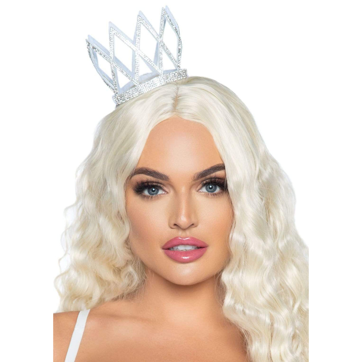 Close-up front view of silver faux rhinestone die cut crown - Golddiggers Boutique