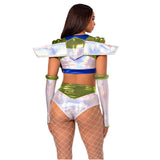 Close back view of silver and green space ranger costume with wing harness and gloves - Golddiggers Boutique
