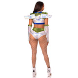 Back view of silver and green space ranger costume with wing harness and gloves - Golddiggers Boutique