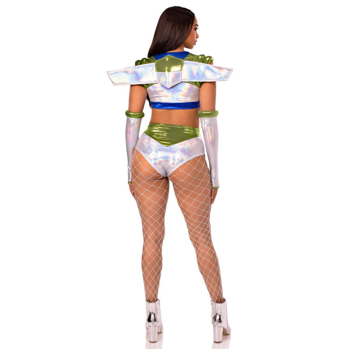 Back view of silver and green space ranger costume with wing harness and gloves - Golddiggers Boutique