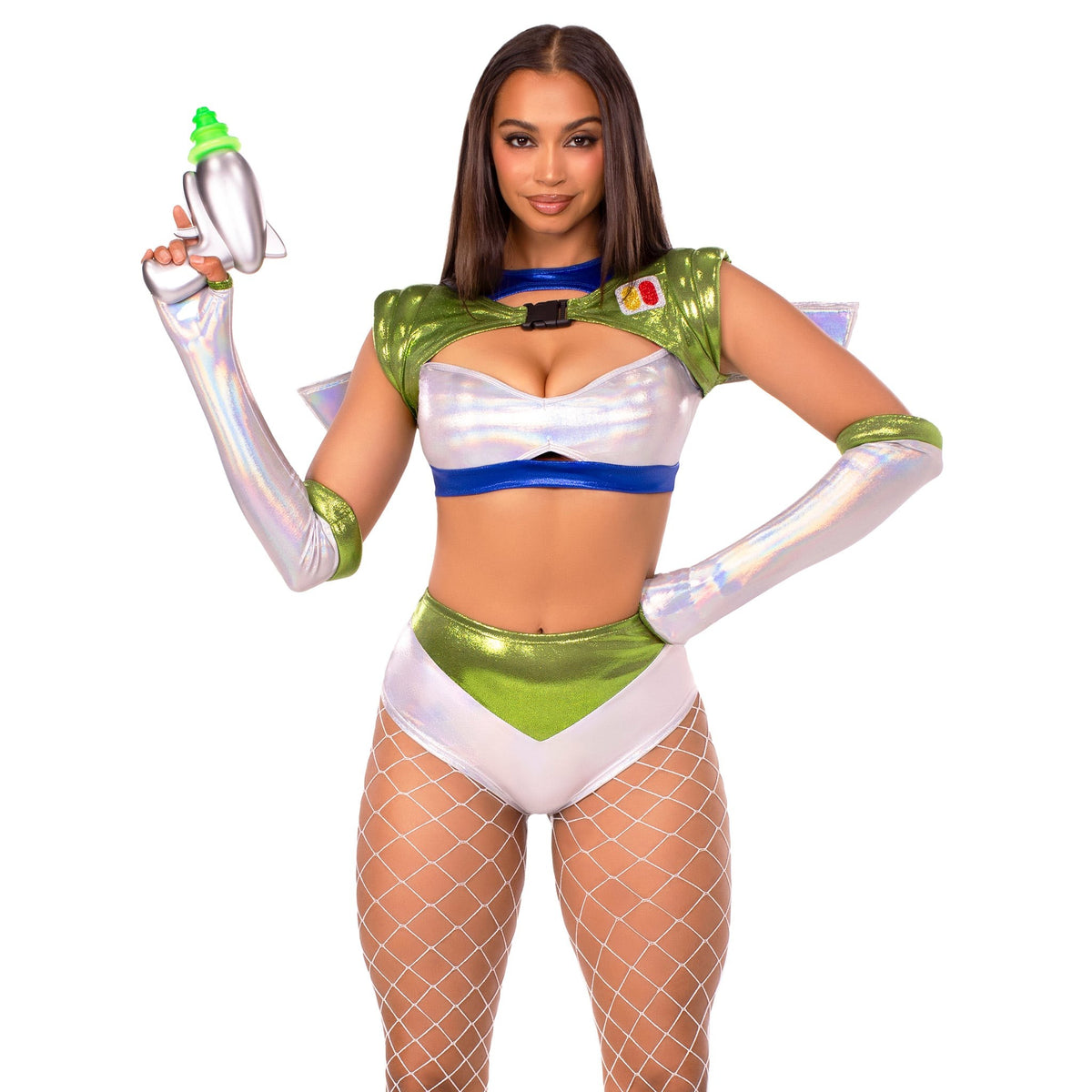 Close front view of silver and green space ranger costume with wing harness and gloves - Golddiggers Boutique