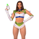Close front view of silver and green space ranger costume with wing harness and gloves - Golddiggers Boutique