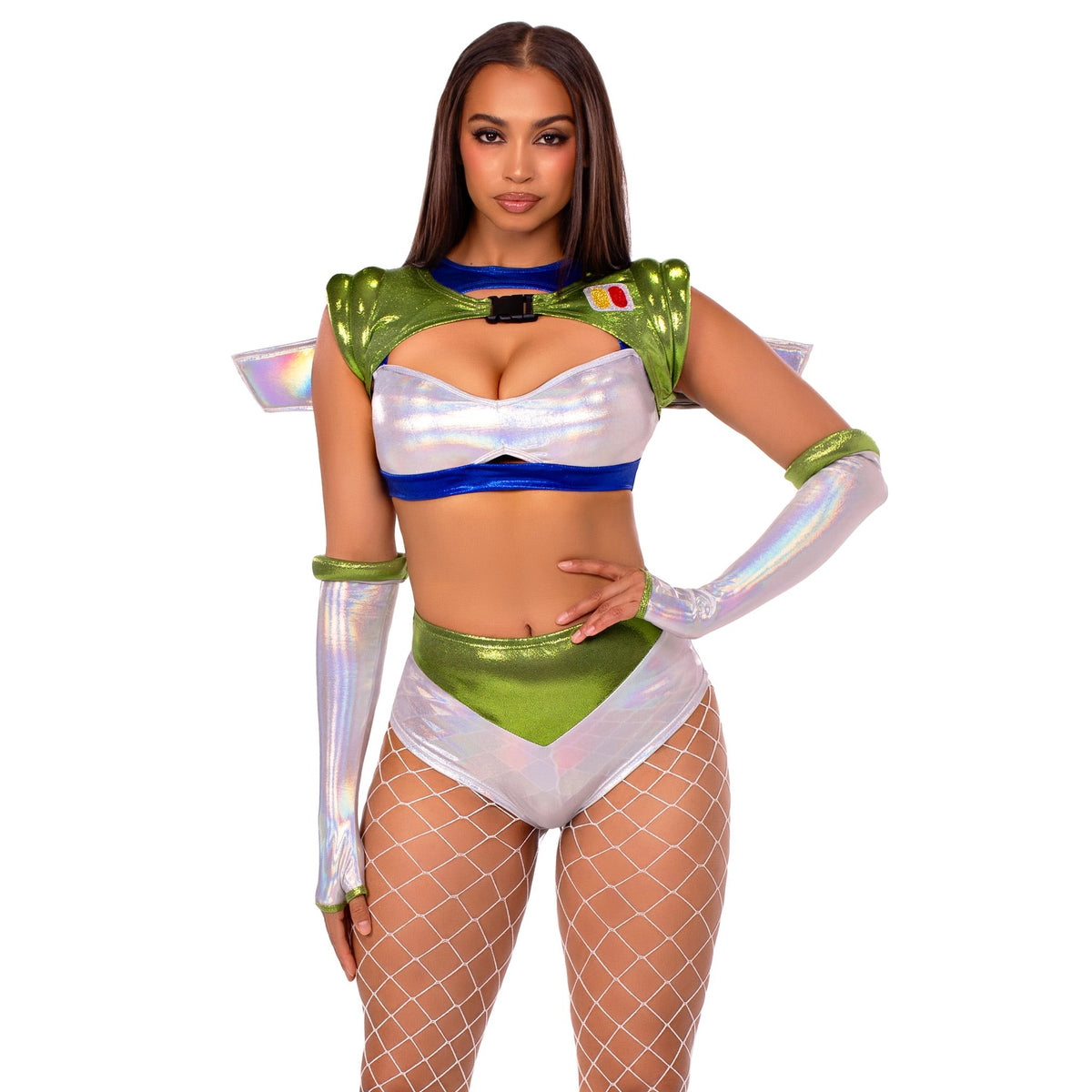 Close front pose of silver and green space ranger costume with wing harness and gloves - Golddiggers Boutique