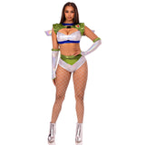 Front pose of silver and green space ranger costume with wing harness and gloves - Golddiggers Boutique