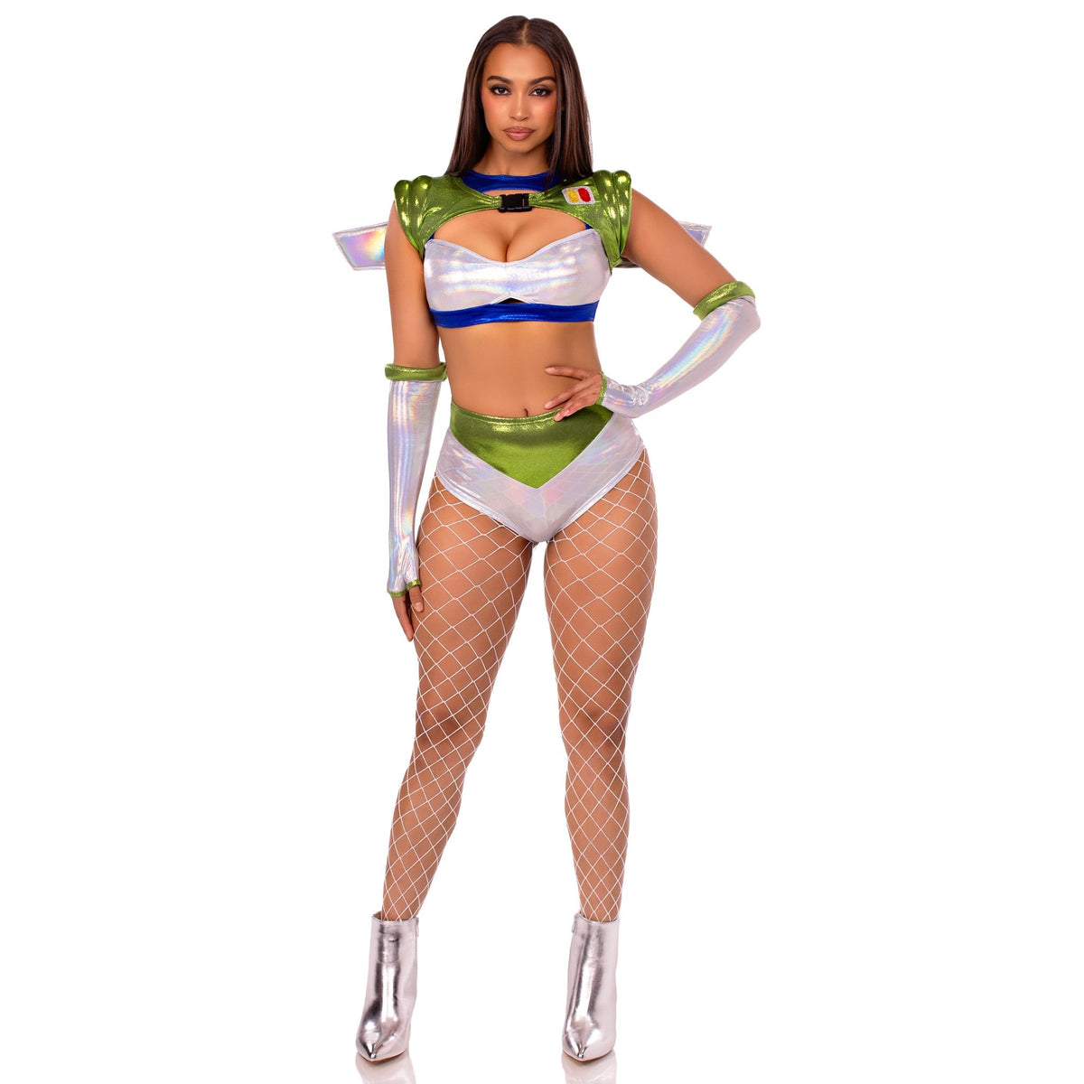 Front pose of silver and green space ranger costume with wing harness and gloves - Golddiggers Boutique