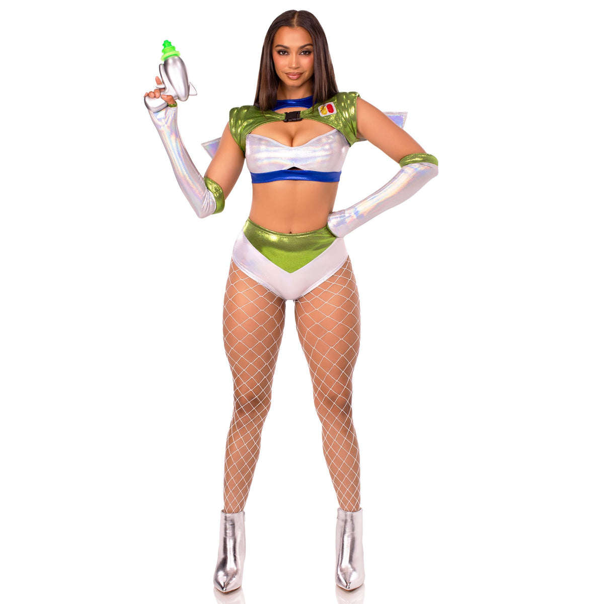 Front view of silver and green space ranger costume with wing harness and gloves - Golddiggers Boutique